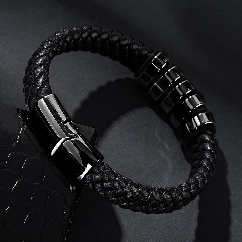 GUSTAVE Leather Bracelet for Men - Fashion Braided Wristband with Magnetic Closure - Versatile and Durable - Elegant Design for Casual and Formal Outfits, Gifts for Men