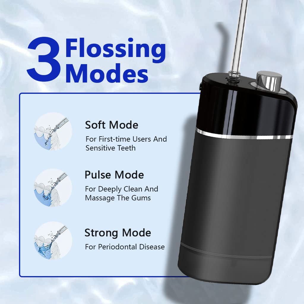 HANNEA Portable Flosser Cordless Rechargeable Travel Dental Cleaner, Fine Water Stream Flosser with 3 Modes, 200ml Tank, 4 Jet Tips, IPX7 Travel Water Dental Flosser Cleaner with Storage Bag, Black
