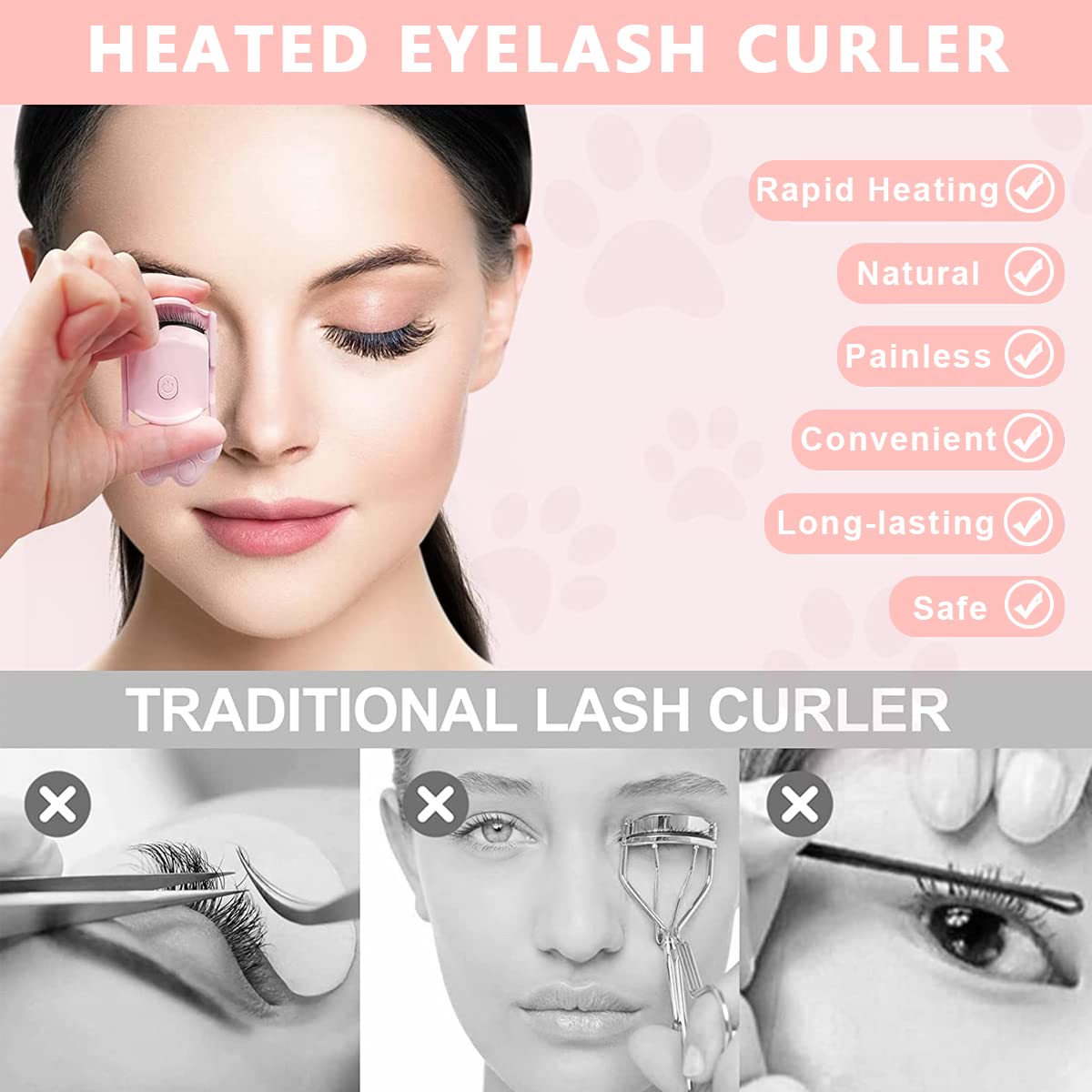 MAYCREATE Heated Eyelash Curler for Women, Electric Eyelashes Curler, Cat Paw Shape USB-C Rechargeable Heating Eyelash Curler with 2 Temperature Modes for Quick Natural Curling, Long Lasting