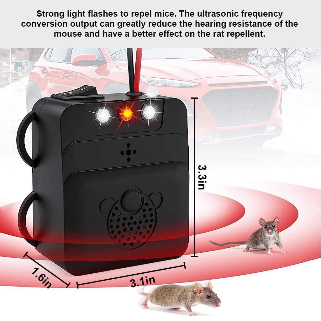 ZORBES Rodent Repeller for Car 12V Ultrasonic Car Mouse Repeller Under Hood Car Rodent Repeller with Strobe Light Animal Repeller Vehicle Mouse Repeller for Trucks, Van, RV