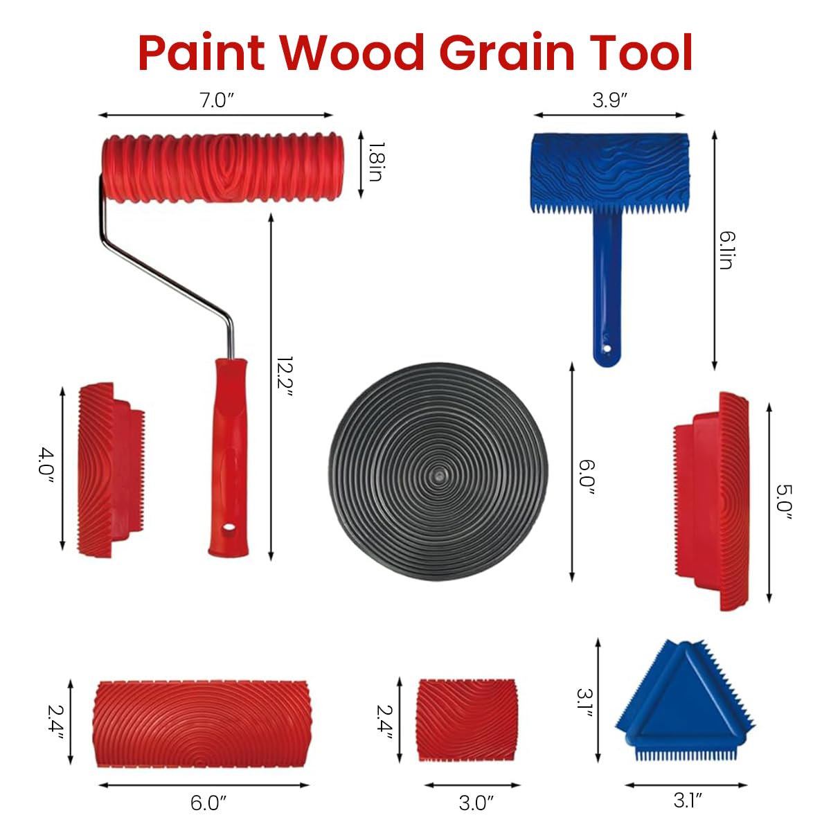 Serplex 8Pcs Paint Roller Tool Kit Spiral Grain Paint Roller Tools Cross Grain Paint Roller Tools Spray Paint Graining Tools Multi Sizes Rubber Graining Roller Tools for Wall, DIY Wooden Craft