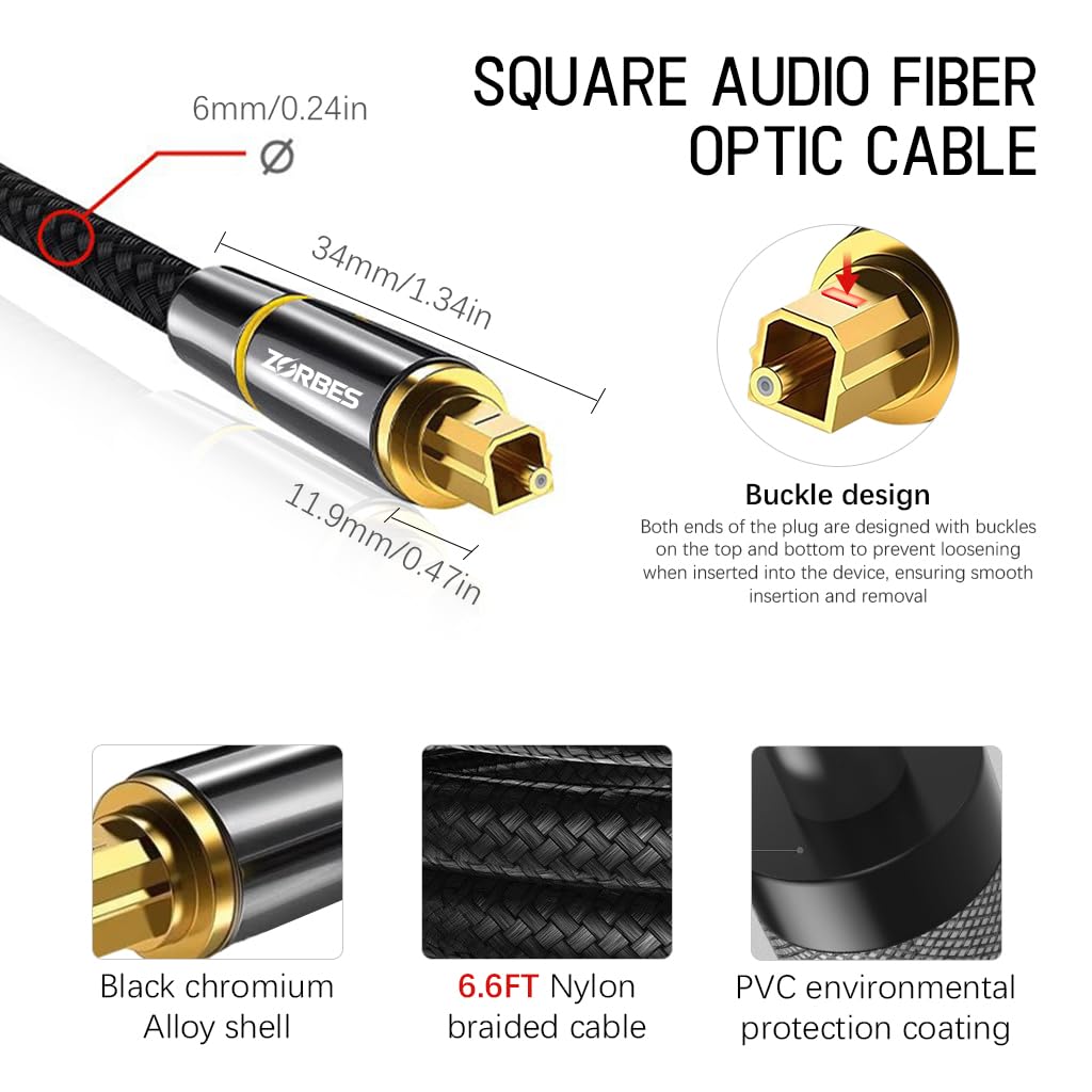 ZORBES 6.6FT Optical Audio Cable, Braided Optical Audio Cable, Gold-Plated Pin Digital Audio Fiber Optic Cable Toslink, Compatible with Sound Bar, Home Theater, TV, PS
