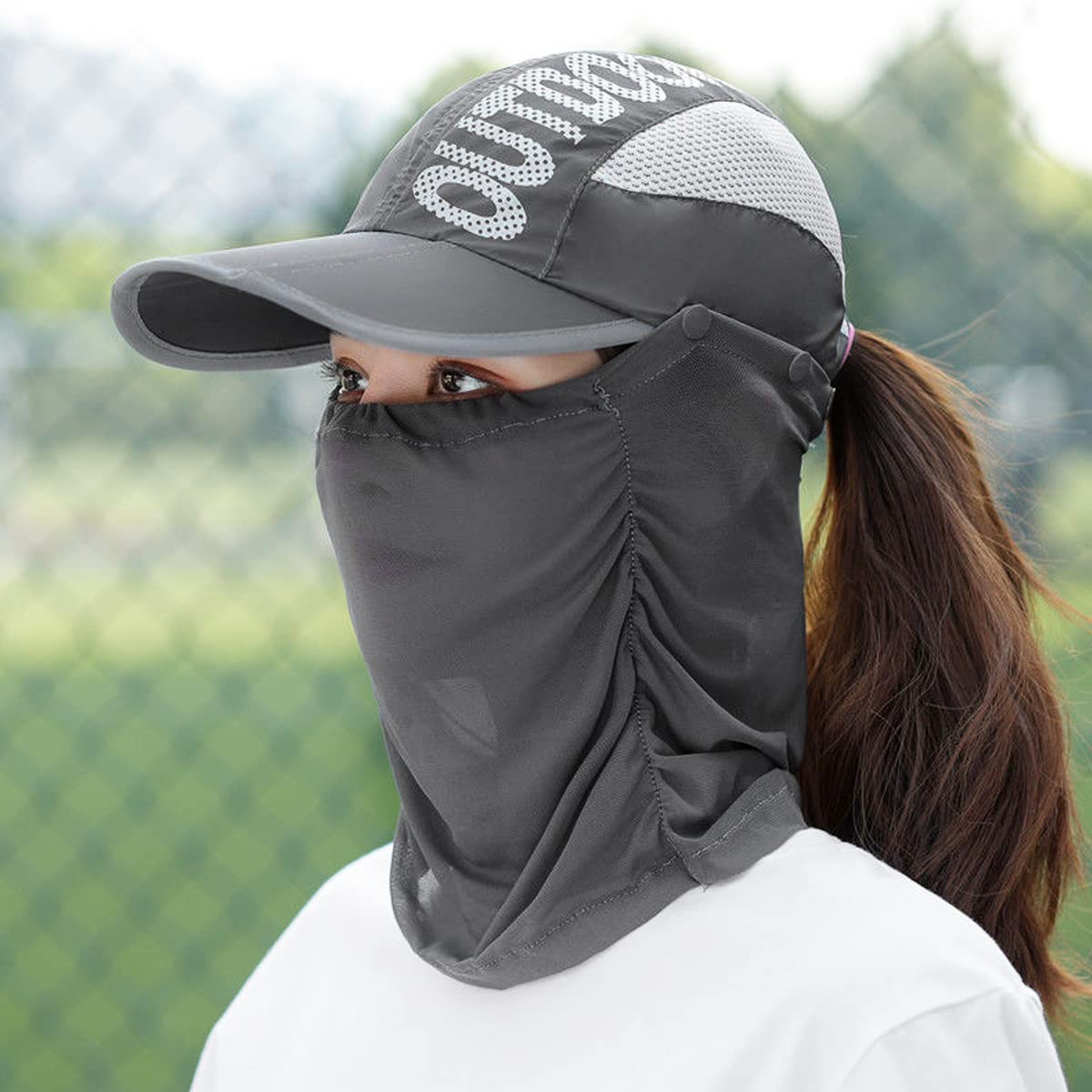 PALAY Sun Hats for Women with Face & Neck Flap, Foldable Fishing Hat Caps for Women Detachable Face Mask Cover Set, Fashion Breathable UV Protection Hat for Cycling Camping Hiking (Grey, UPF 50+)