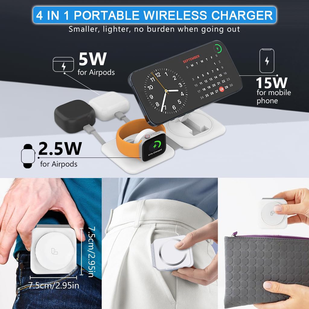 zitronix TYPE C Wireless Charger for Apple 4 In 1 Magnetic Wireless Charger with TYPE C & Light-ning Charging Cable Travel Wireless Charger Adapter for iPhone, iWatch, AirPods, Type C Devices