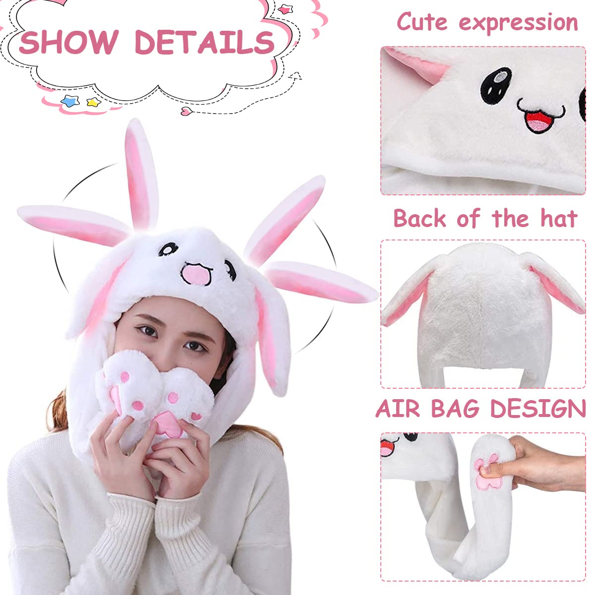 PATPAT Plush Animal Bunny Dancing Ears Hat, Cute Rabbit Moving Ear Flaps and Press Paws for Girls Women Kids, Birthday Gift (White)