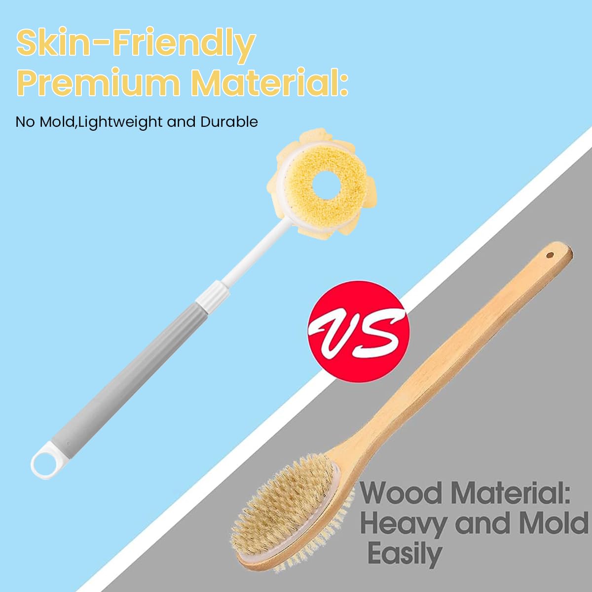 MAYCREATE Silicone Back Scrubber for Shower, Silicone Body Scrubber, Silicone Bath Body Brush with Long Handle and Hook, Dual-Sided Shower Brush for Men and Women