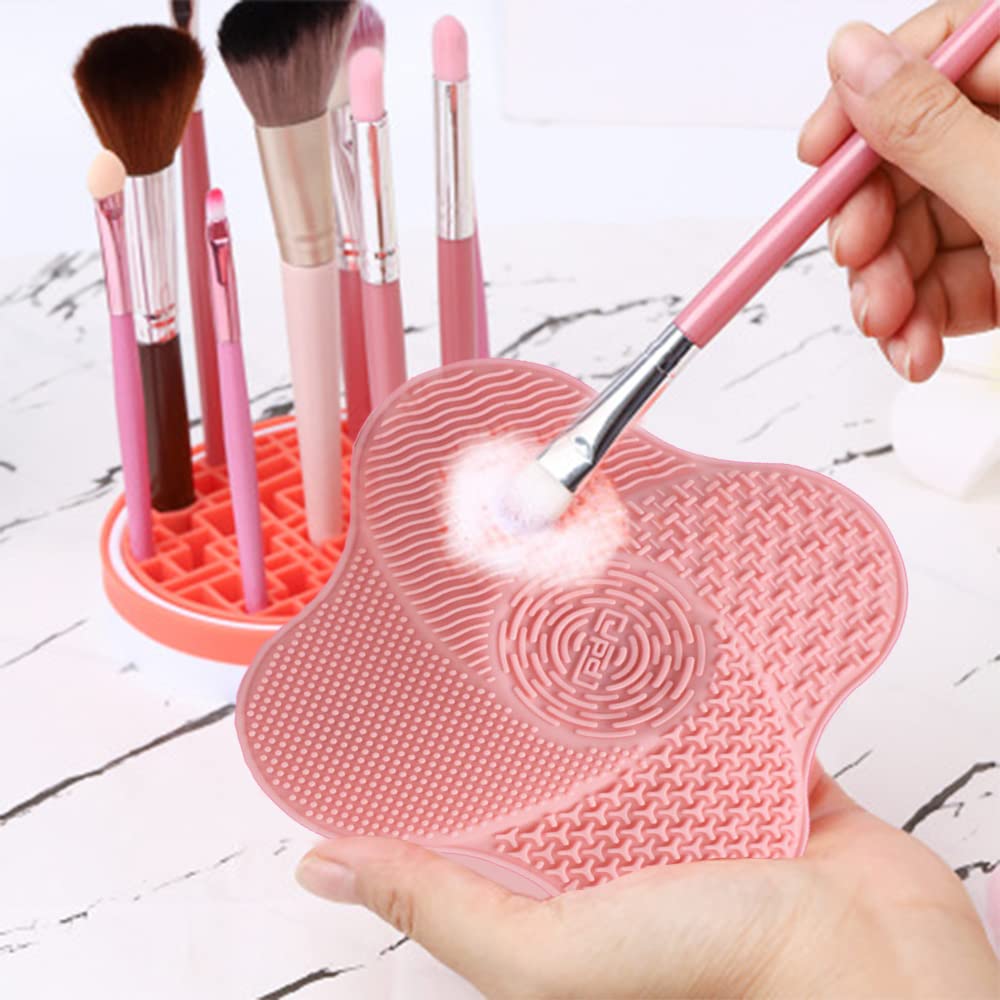 MAYCREATE Makeup Brush Cleaning Pad with Suction Cup Design Portable Silicone Brush Scrubing Pad,Removing Residual Powder and Makeup Fundation-Pink