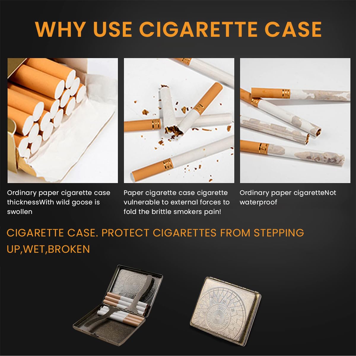 GUSTAVE Retro Metal Cigarette Case for Men - Portable Cigarette Box for 18-20 95mm Long Cigarettes, Double Sided Spring Clip Open Cigarette Box, Christmas Gift for Man (Bronze)