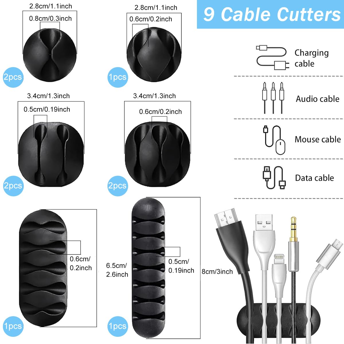 HASTHIP 147pcs Cable Organizer Kit Cable Management Kit with 34 Self Adhesive Cable Clips, 2 Cable Sleeves, 10+1 Roll Cable Straps and 100 Fastening Cable Ties for TV Office Home Electronics