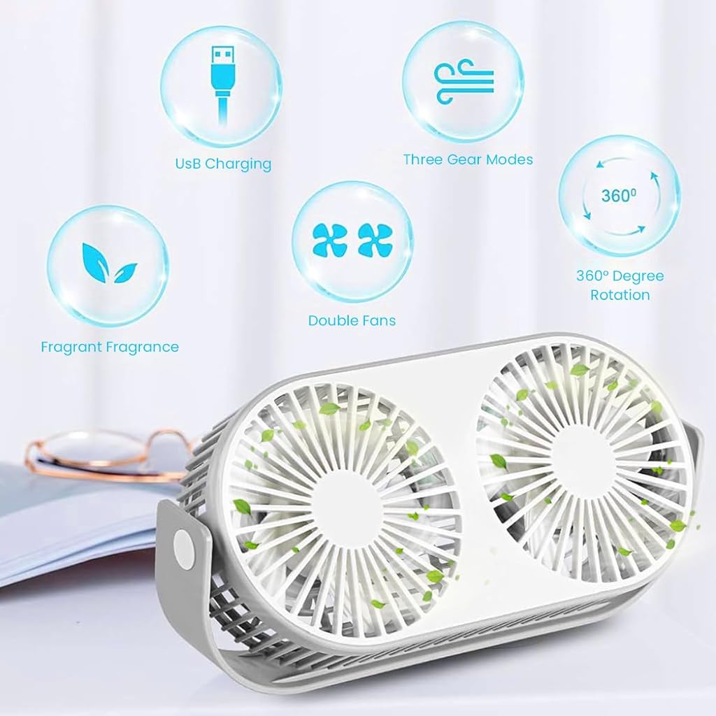 Verilux Small Table Fan, USB Mini Desktop Fan, Dual Fan Desktop Fan with 3 Speeds, Quiet Aromatherapy Table Desk Fan with Stand, Portable Cooling Fan for Home Office Outdoor Travel (White)