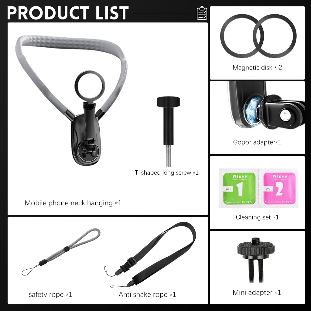 HASTHIP Neck Phone Holder Cell Phone Mount, Hand Free POV/Vlog Flexible Phone Neck Holder Around Chest Stand Video Recording Fit for 15 14 13 12 Pro Max Plu