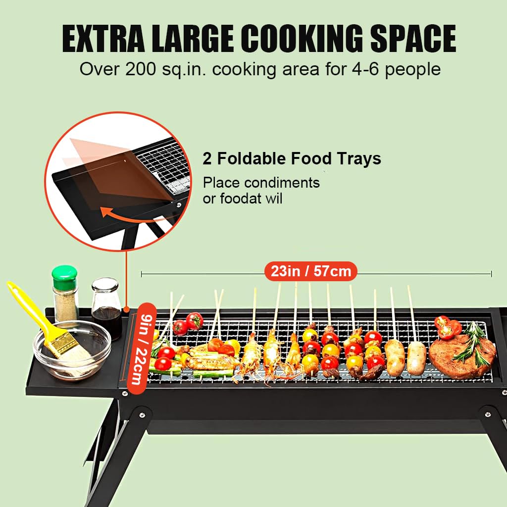 HASTHIP 60cm Portable and Foldable BBQ Grill Set for Home with Condiment Table, Charcoal BBQ Grill Set for Picnic, Outdoor Camping, Travelling, Backyard