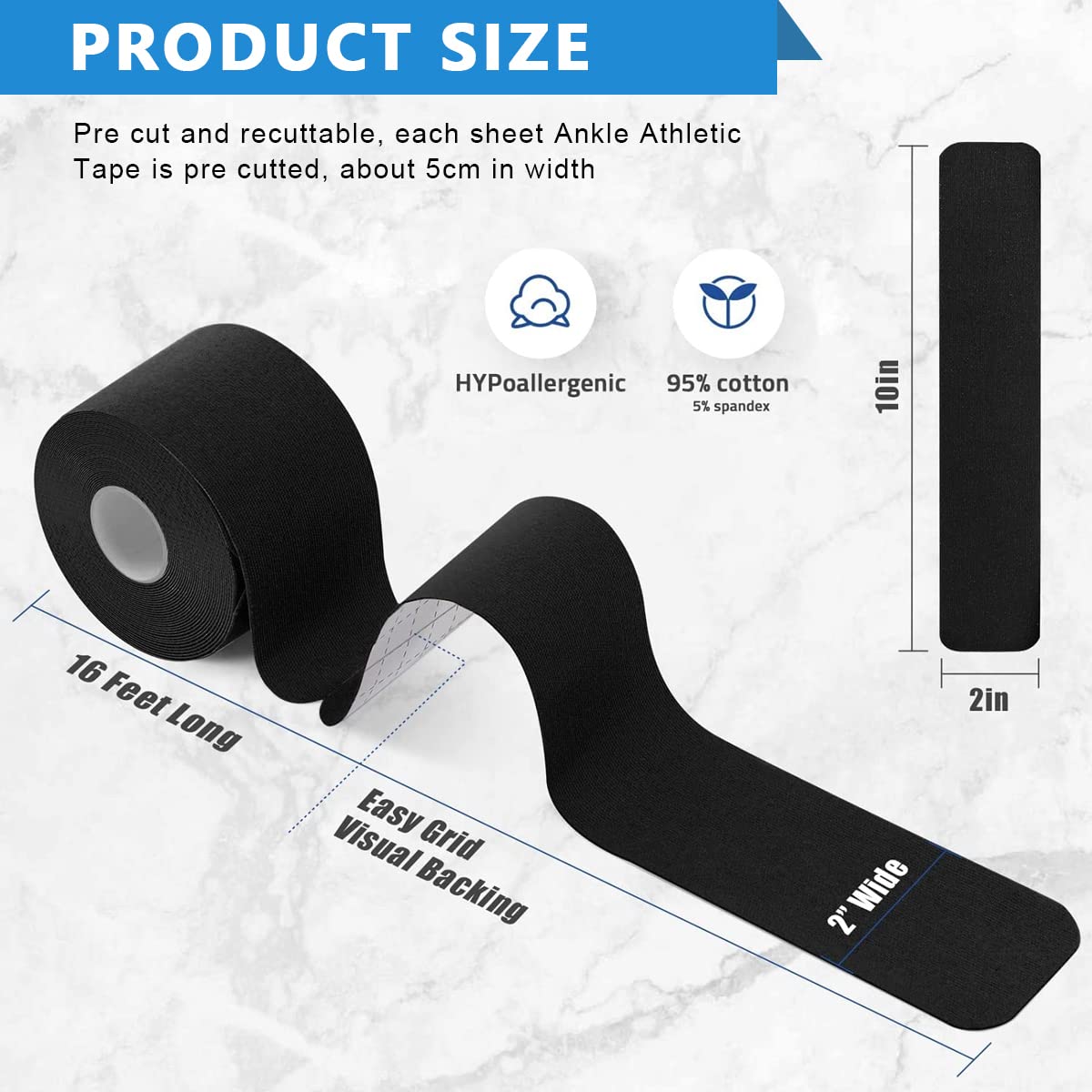 HANNEA Waterproof Breathable Kinesiology Tape, 5cm*5m Athletic Elastic Kneepad Muscle Pain Relief Knee Taping or Pain Relief, Injured Muscle Support, Black