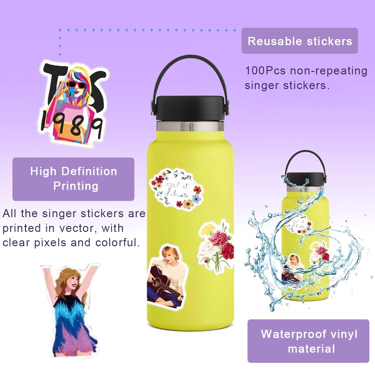 HASTHIP 100 PCS Singer Stickers, Vinyl Waterproof Music Stickers for Water Bottle Laptop Skateboard Car Bumper Computer Gifts for Aldults Boys Girls Teens