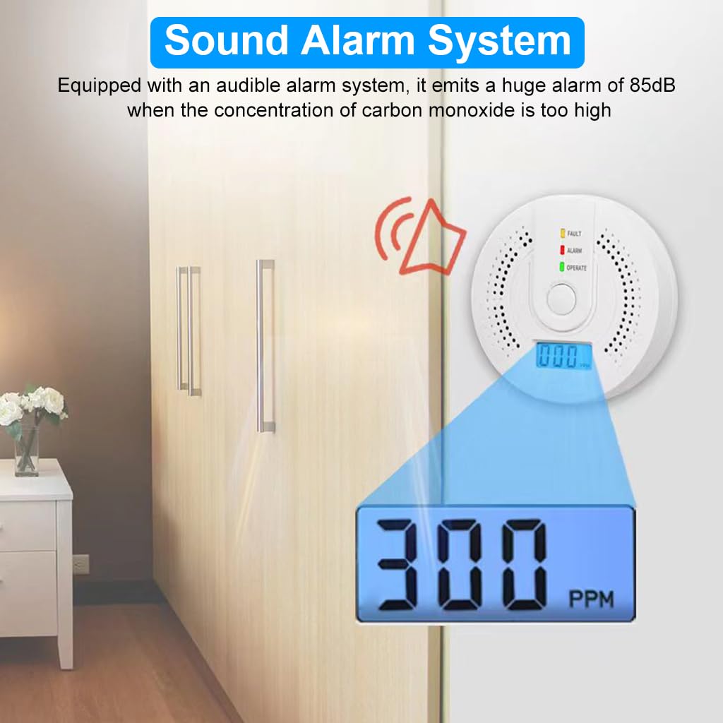 HASTHIP 3 Pack Carbon Monoxide Detectors CO Alarm Detector Carbon Monoxide Alarm with LCD Digital Display&LED Lights, 85DB Loud Carbon Monoxide Alarm Detector for Kitchen, Room (Battery Not Included)