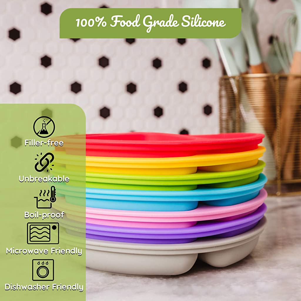 SNOWIE SOFT Baby Suction Plates for Baby Feeding with Lid and 4 Strong Suction Cups, Silicone Toddler Plates with Deep Divided for Kids to Feed Themselves, Dish Washer & Micro-Wave Oven Safe