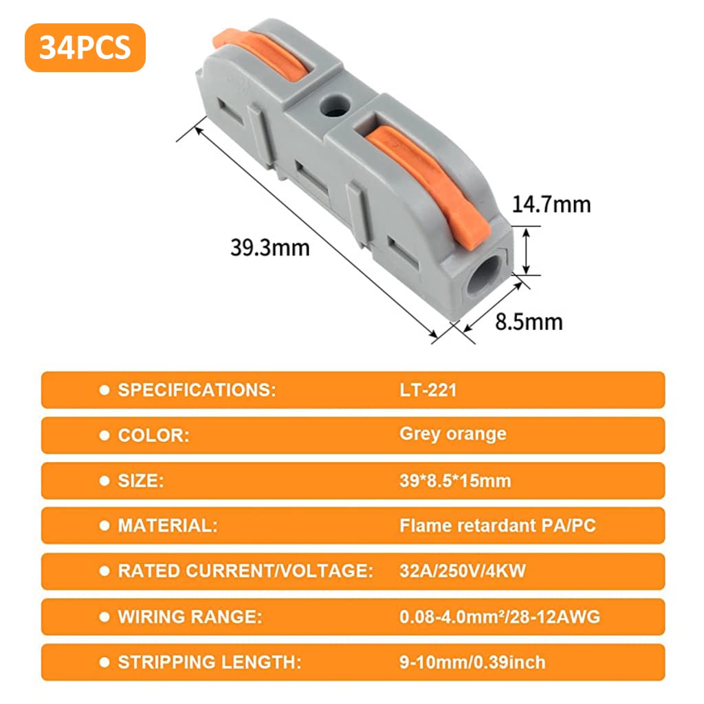 Serplex Wire Connector, 34Pcs Universal Connection Terminals, Circuit Inline Splices Electric Connectors, SPL-1 Clamp with Actuation Lever, 4 mm² Conductor Clamp, Quick & Freely Assemble