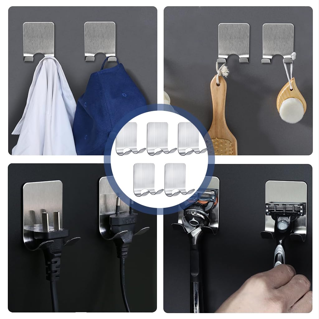 HASTHIP 5Pcs Wall Hooks Self Adhesive Razor Holder Rack Men's Shaver Holder Rack Brushed 304 Stainless Steel Bathroom Towel Hooks Dual-Hook Wall Hooks Metal Hooks for Bathroom, Kitchen
