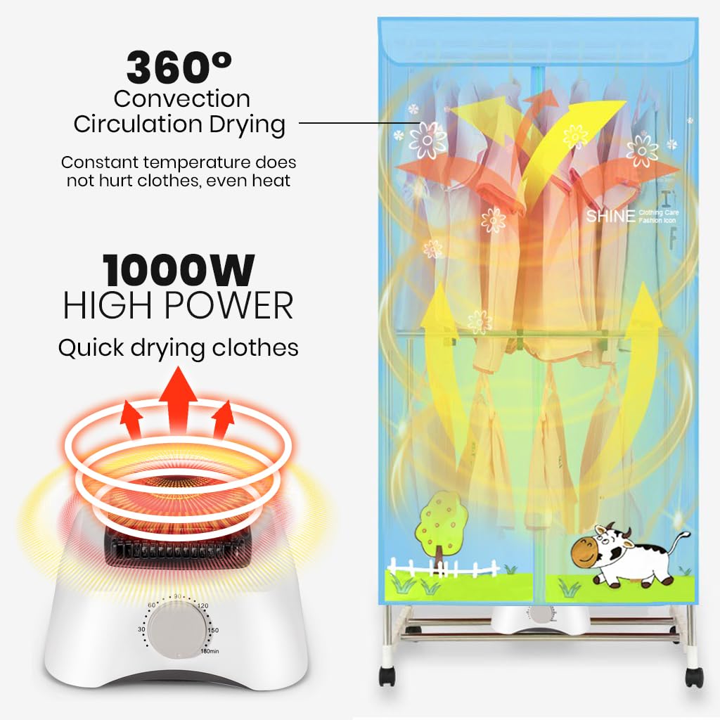 Supvox Clothes Dryer Machine 360 Degree Hot Wind Circulation Clothes Dryer Easy Assembly Double Layer Stainless Steel Rack with Ventilation Clothes Dryer Smart 180 mins Timer Design