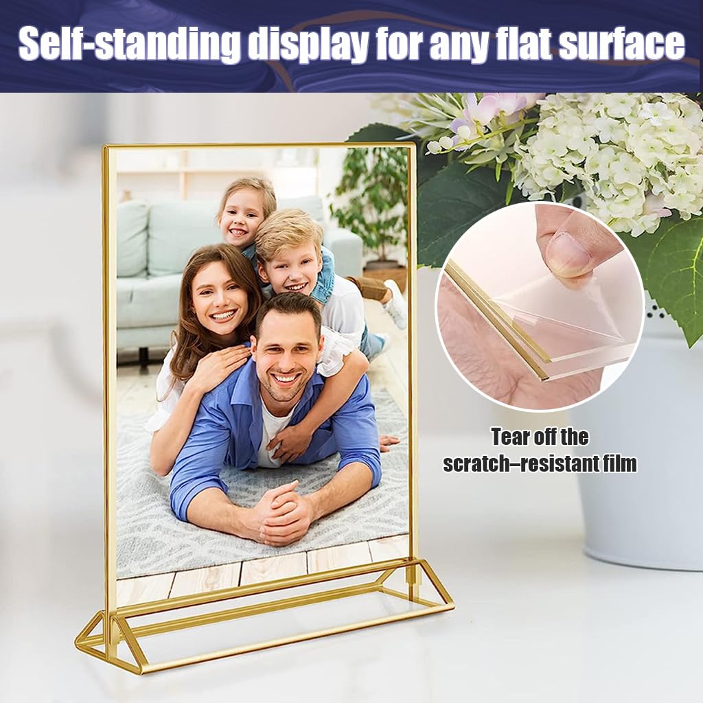 Climberty 6Pcs Acrylic Gold Sign Holders, 4x6 inch Clear Picture Frames with Gold Borders and Vertical Stand, Double Sided Table Menu Display Stand for Restaurant Signs, Wedding Table and Photos