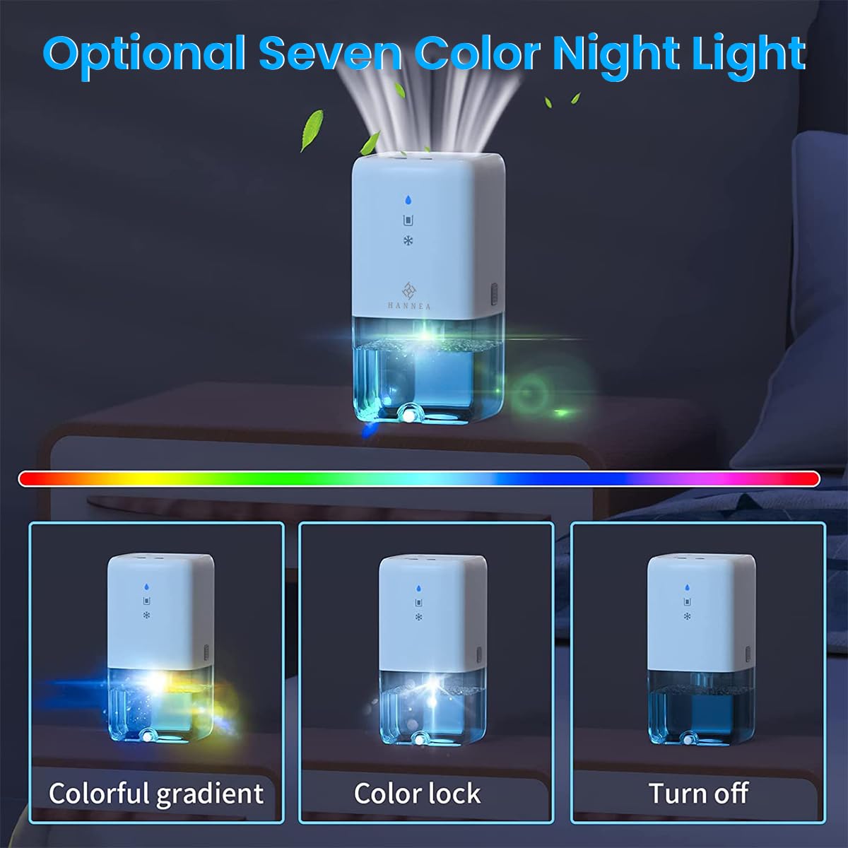 HANNEA 1.2L Dehumidifiers for Room Home, 300 sq. ft Small Dehumidifier for Bedroom Bathroom Cloakroom RV Closet, Quiet Dehumidifier with Auto Shut Off, 7 Colors LED Light