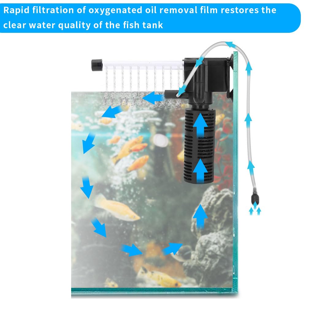 Qpets 3 in 1 Aquarium Filter with Oxygen Supply Quiet 98 Gallon Per Hour Fish Tank Aquarium Filter for 20-60L Fish Tank Small Medium Fish Tank Filter Wall Hanging Aquarium Filter
