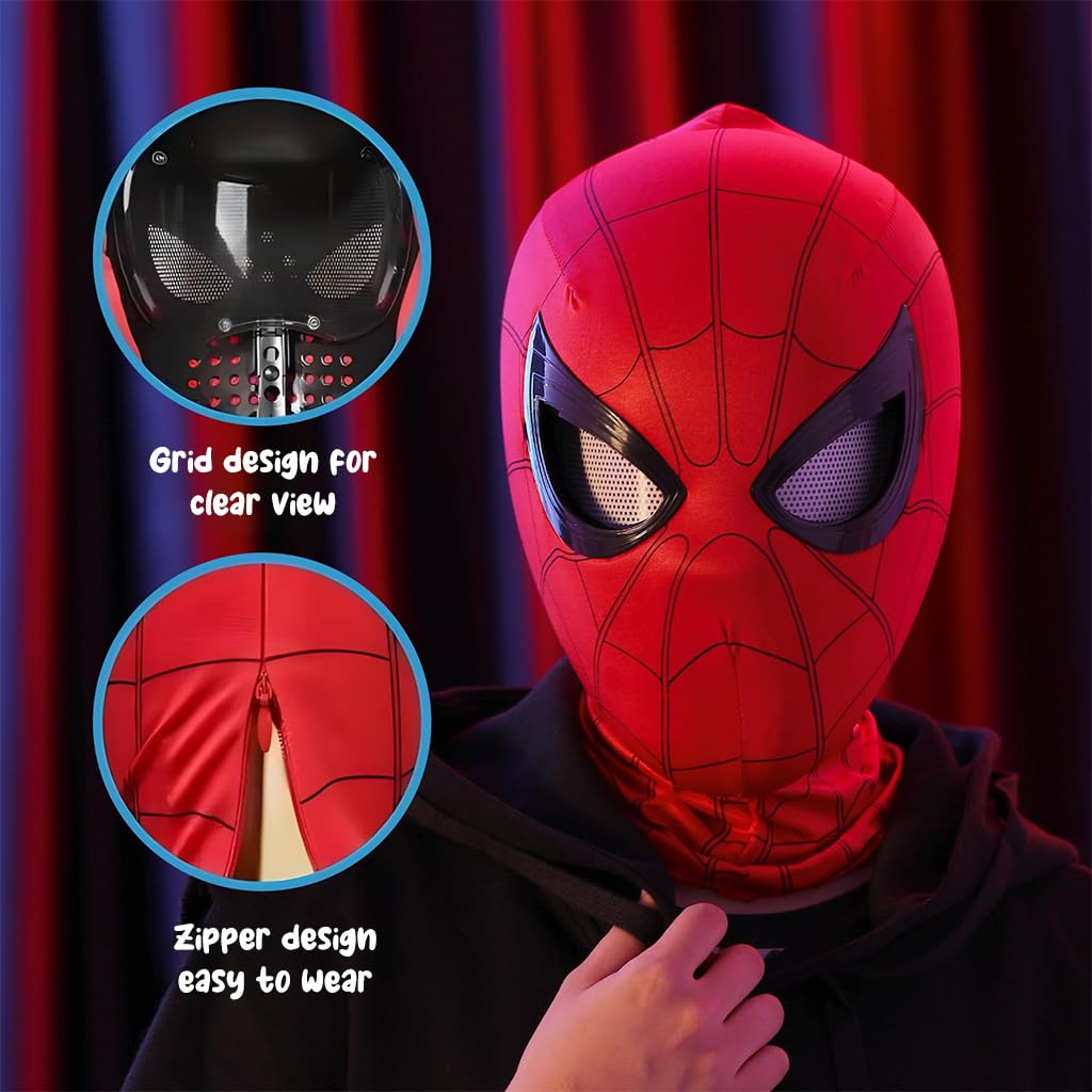 FANCYKU Halloween Mask Cosplay Spider Man Mask with Illuminated Moving Eyes Elastic Spider Man Mask for Kids Adults Party Dressing Up Prop Halloween Dress Up Mask Gift for Kids
