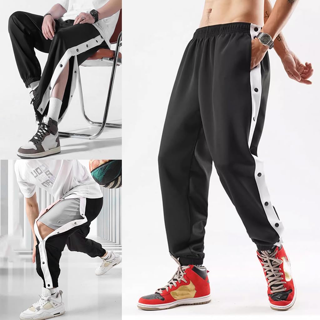 GUSTAVE Men's Trousers Sport Pants Casual Trousers Side Button-up Design Summer Fashion Breathable Men Trousers Elastic Waist Men's Casual Sport Trousers, XXL, Black