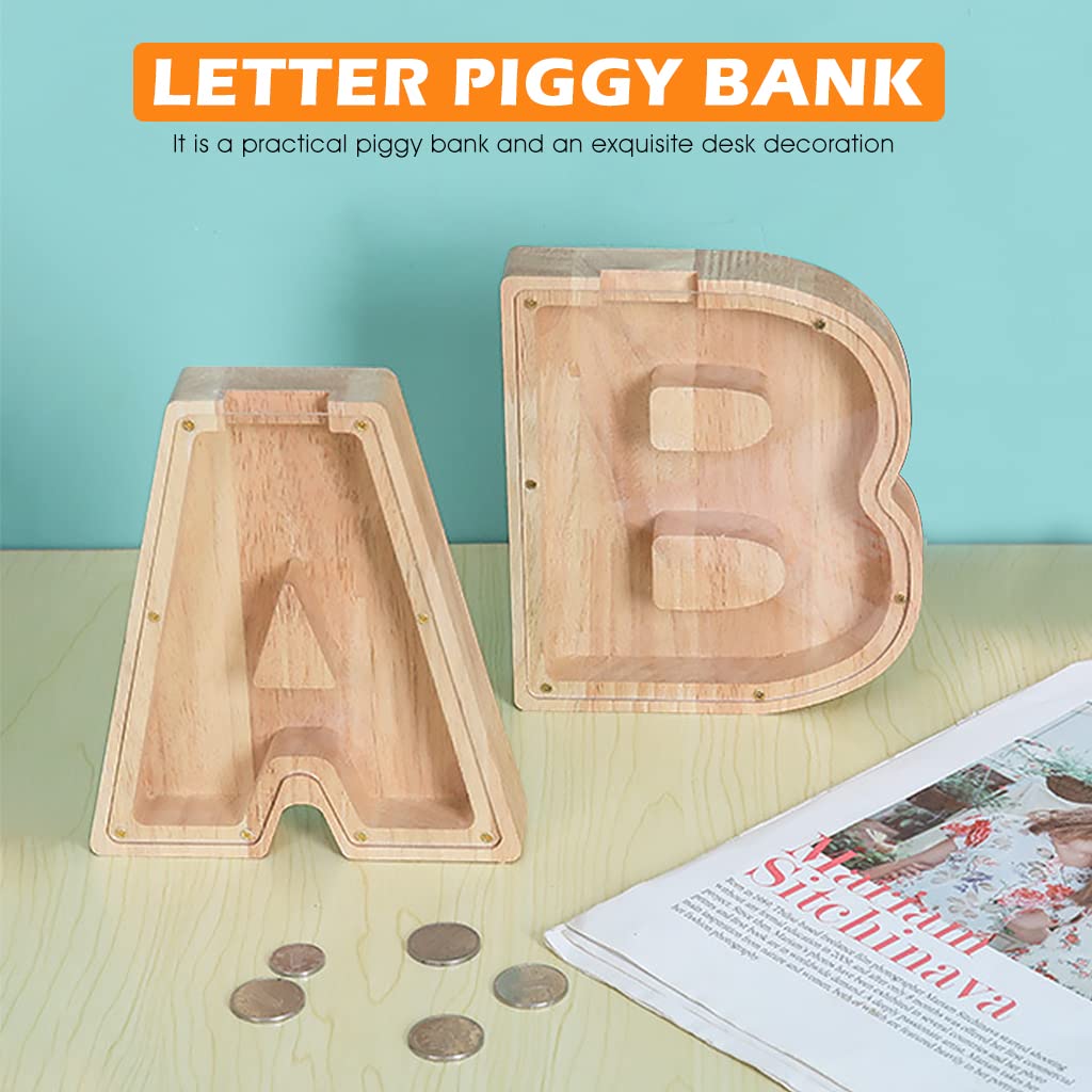PATPAT Piggy Bank, Handmade Wood Money Bank, Personalized Letter Wood Piggy Bank Gifts for Kids, Girls, Boys & Adults (A)