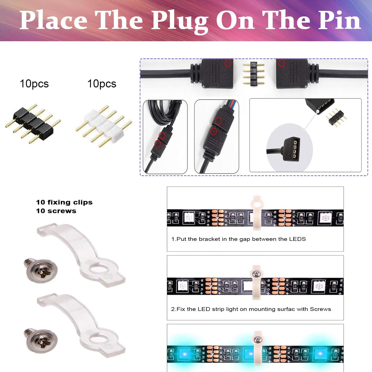 ZIBUYU 4 Pin RGB LED Strip Connector Kit for 5050 10mm Light Strip, Includes RGB Extension Cable, LED Strip Jumper, 2 Way Splitter Cable, 'L'&' T' Shape Connector, Gapless Connectors, LED Strip Clips
