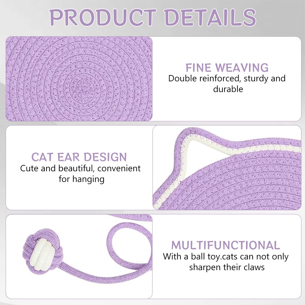 Qpets Cat Scratcher Mat Cotton Rope Cat Toy Wall Hanging Cat Scratcher Mat 16.5 Inches Cat Ear Lovely Purple Cat Scratcher Mat