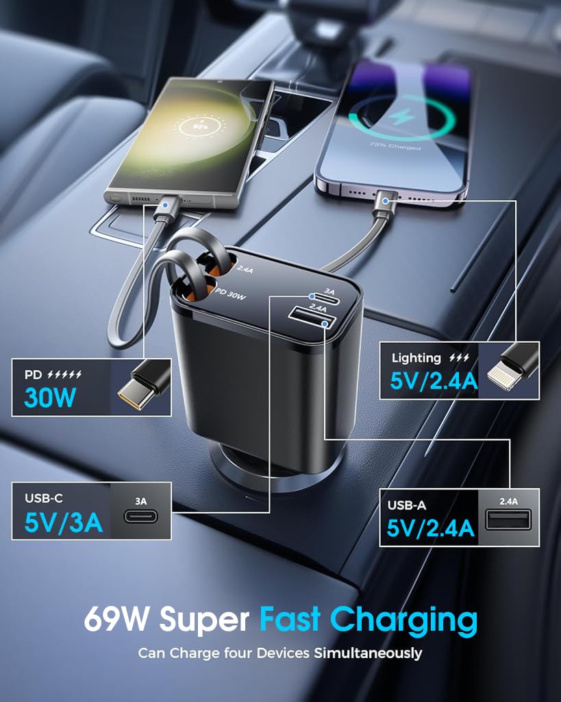 STHIRA Car Charger 4 in 1 PD 30W Car Fast Charger with Dual Retractable Charging Cable Design 180 Degree Rotation Car Mobile Charger Universal Car Charger with Cable for Phone, Tablet, GPS