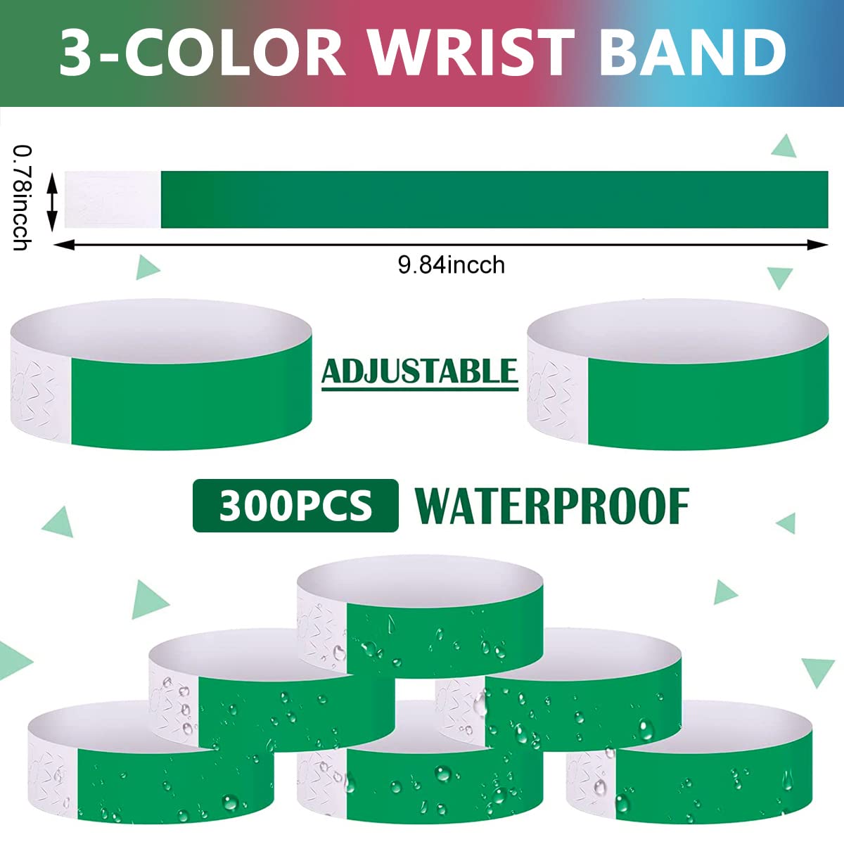 HASTHIP 300 Pack Paper Wristbands Neon Wrist Bands for Events Variety Neon Wrist Bands Lightweight Concert Wristbands Colored Waterproof Hand Bands for Party(100*Green+100*Rose Red+100*Blue)
