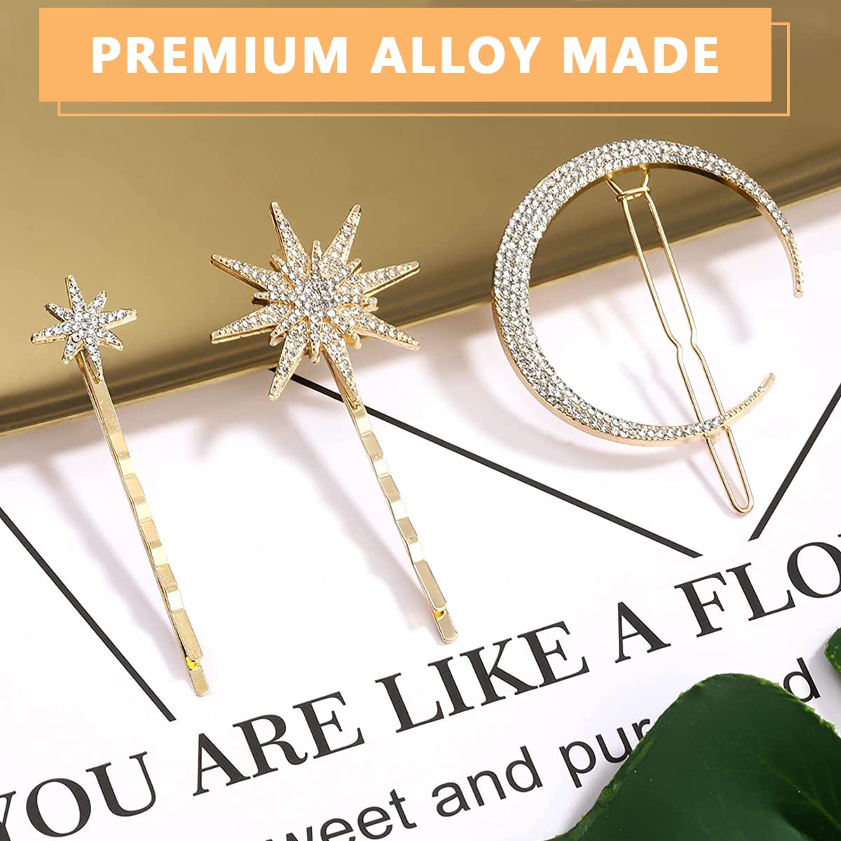 SANNIDHI 3 Pcs Star Moon Hair Clips for Women Stylish Latest Hair Pin for Girls, Alloy Rhinestone Korean Clips for Hair Accessories Bobby Pins Side Grips Hairpin