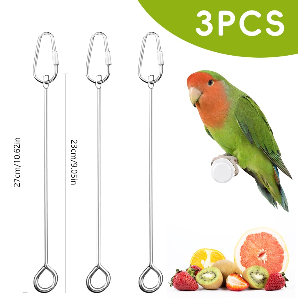 Qpets Bird Cage Hanging Fruit Skewer, Pet Birds Parrots Fruit Skewer with Carabiner, Food-Grade Stainless Steel Fruit Skewer Bird Kebab Skewer for Pecking, Nibbling