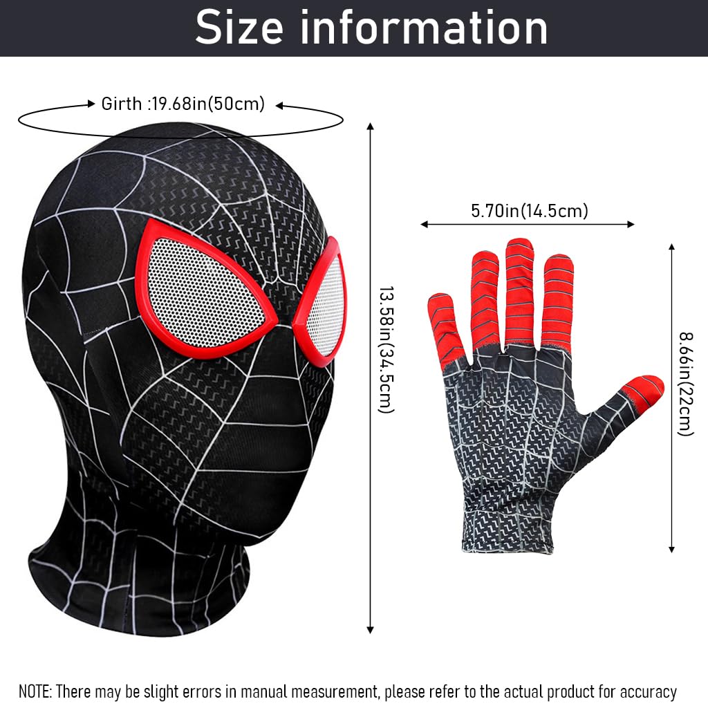 FANCYKU 3D Spider-Man Mask and Gloves Gift, Spiderman Masks Spider Man Cosplay Costumes Superhero Lenses for Adult Kids, Role Play Superhero Masks for Halloween Masquerade Cosplay (Black)