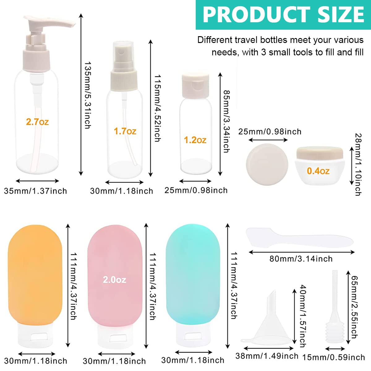 MAYCREATE Travel Bottles for Toiletries, 11pcs Set Leak Proof Squeeze Bottle for Travel, Spray Bottles & Cream Jars Kit, Refillable Containers Dispenser Bottle for Shampoo Lotion Conditioner
