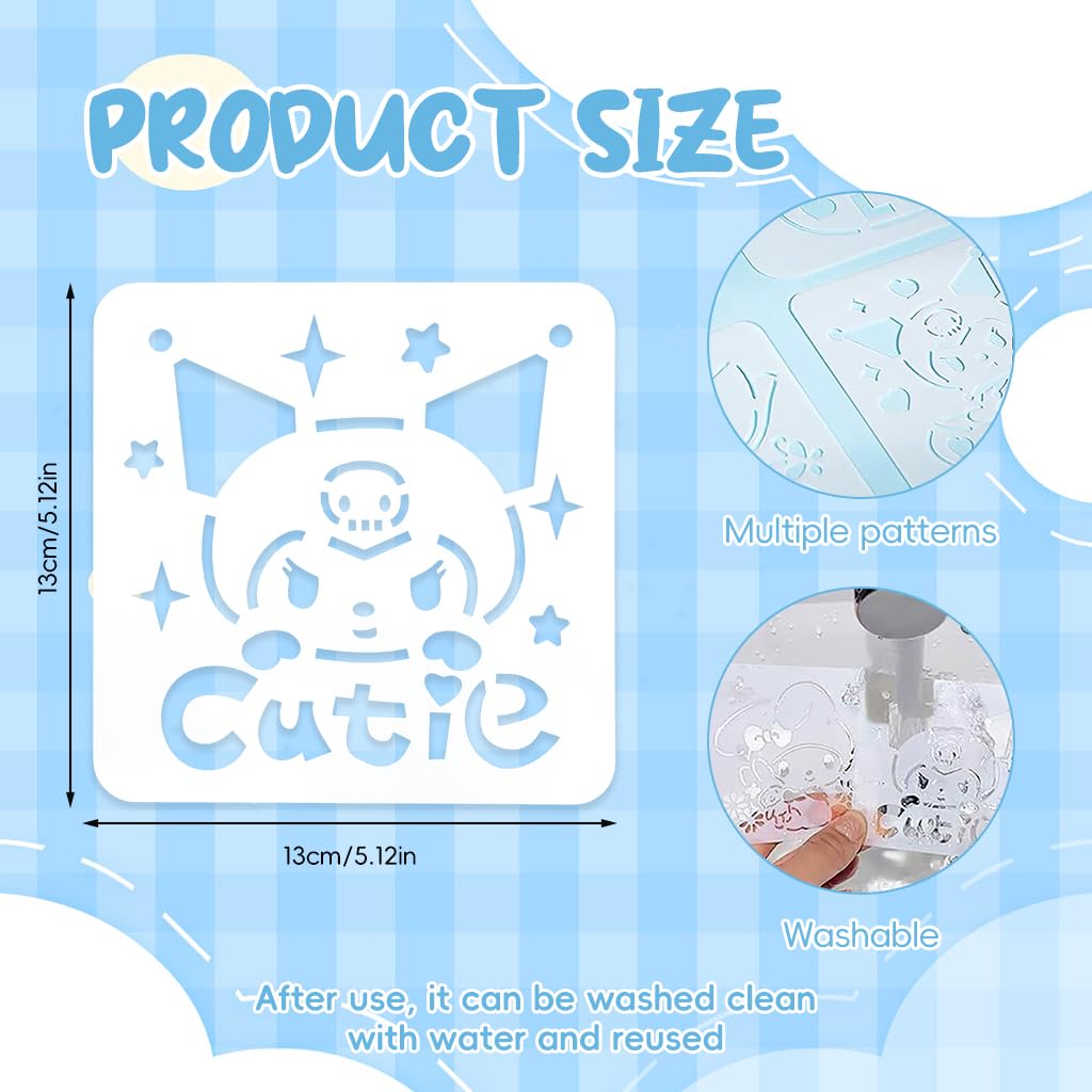 HASTHIP 16Pcs Cartoon Painting Stencils Sanrio Character Cut-Out Painting Stencils 5x5 Inches Reusable PET Painting Stencils for Wooden Crafts Spray Painting Stencils Assorted Decorative Templets