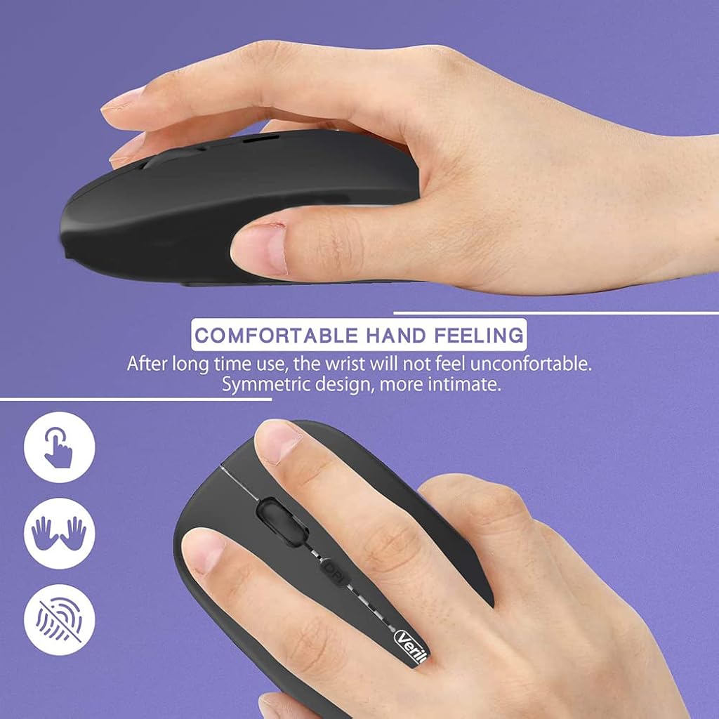 Verilux Wireless Mouse Rechargeable, Upgraded Ultra Slim 2.4G Silent Cordless Mouse Computer Mice 1600 DPI with USB Receiver for Laptop PC Mac MacBook, Windows (Black+Battery Level Visible)