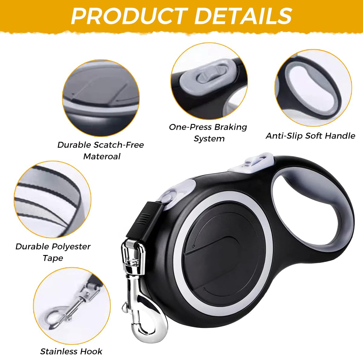 ZIBUYU Retractable Dog Leash 16 Feet Ergonomic Long Leash for Dog and Cat Anti-Slip Handle Quick Release Buckle, One Button Lock & Release, Dogs Leash Flexi for Small to Large Dogs Up to 50kg - Black