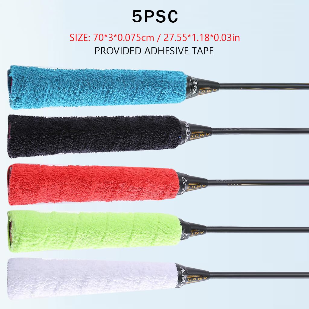 Proberos 5 Rolls Racquet Towel Grip, Towel Grip for Badminton Racquet, 5 Colors Cotton grip for Badminton Racket Sweatband Tape Anti-Skid Towel Grip Tape