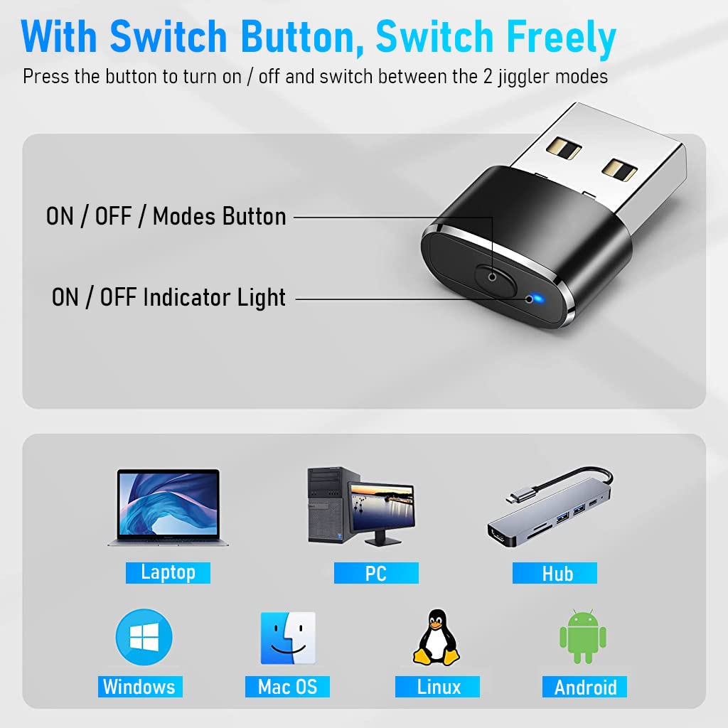 Verilux Mouse Jiggler Undetectable USB Mouse Mover with Switch Button, 3 Jiggle Modes and Multi-Track, Driver-Free, Simulate Mouse Movement, Keeps for Computer, Laptop Awake