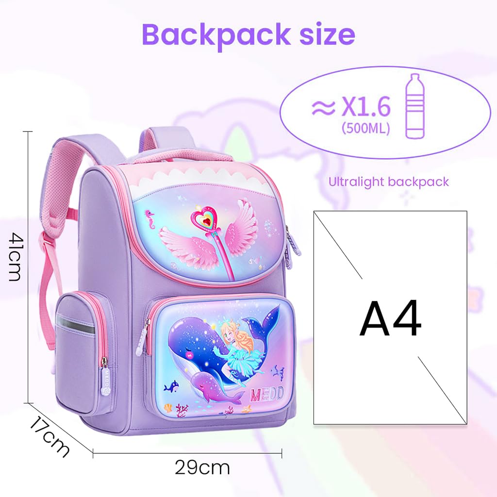 PALAY School Backpack for Girls, Mermaid Cartoon School Backpack Large Capacity Girls Backpack for School, Travel, Camping, Burden-relief School Backpack for Kids 6-12 Years Old