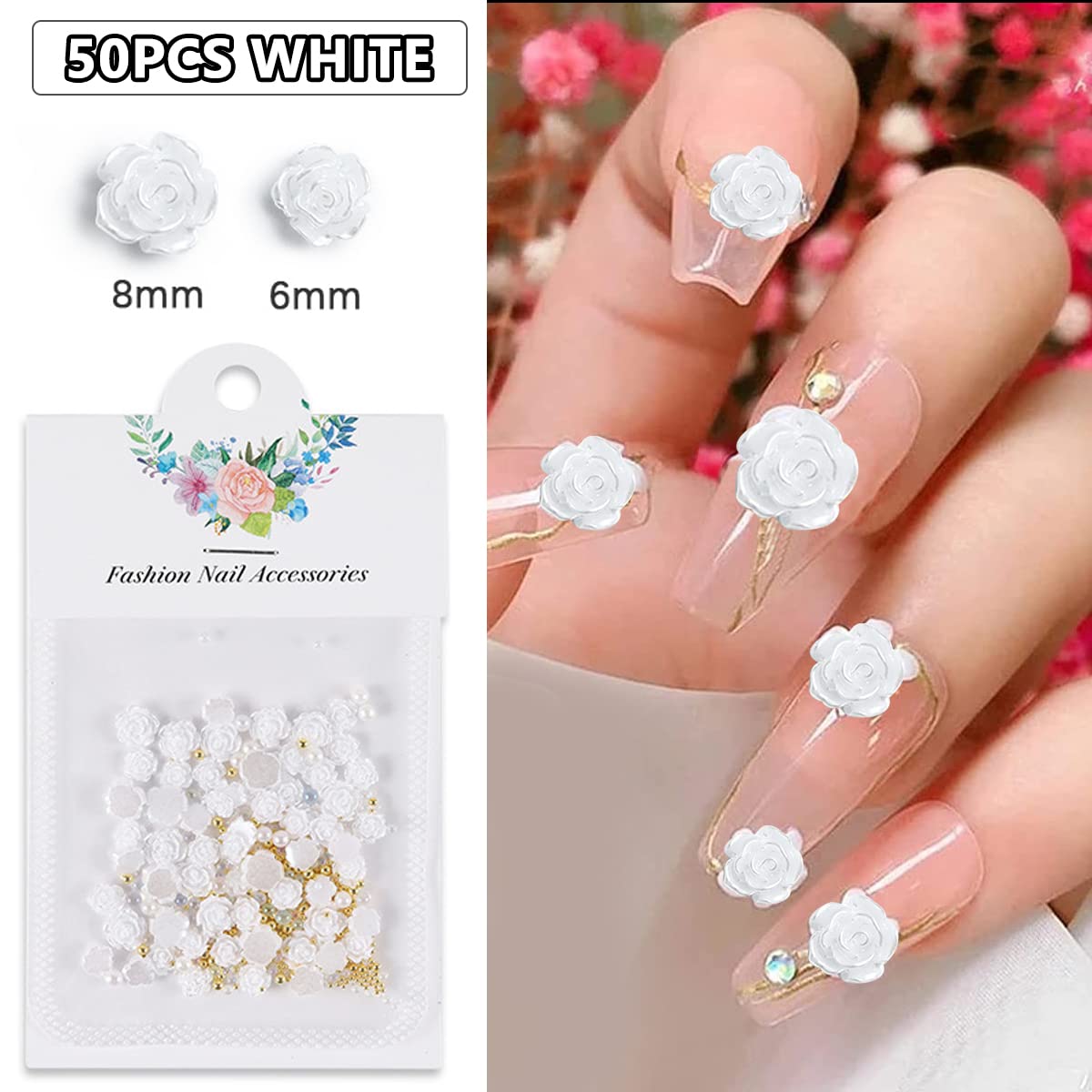 MAYCREATE 200pcs 3D Flower Nail Charms Flat Design, Acrylic Flower Decals for Nail Art, Mix Pearls Nail Art Accessories for DIY Manicure, Set of 4