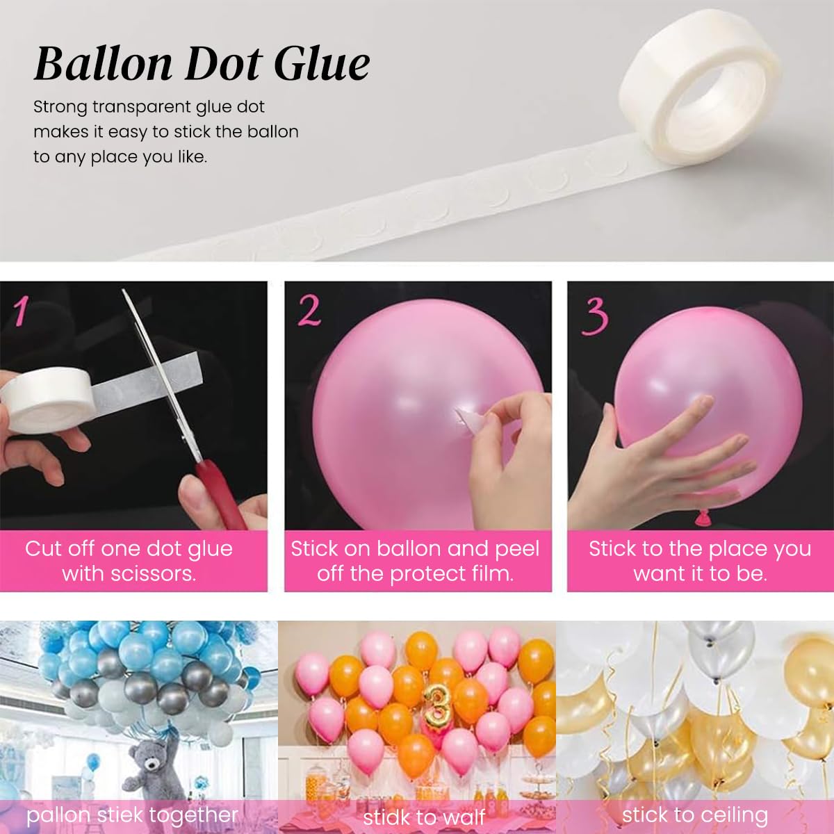 HASTHIP Balloon Decorating Strip Kit for Arch Garland 32Ft Balloon Tape Strip, 36 Tying Tools, 300 Adhesive Dots, 20 Flower Clips For Easy DIY Decor, Perfect for Birthday, Wedding & Baby Shower