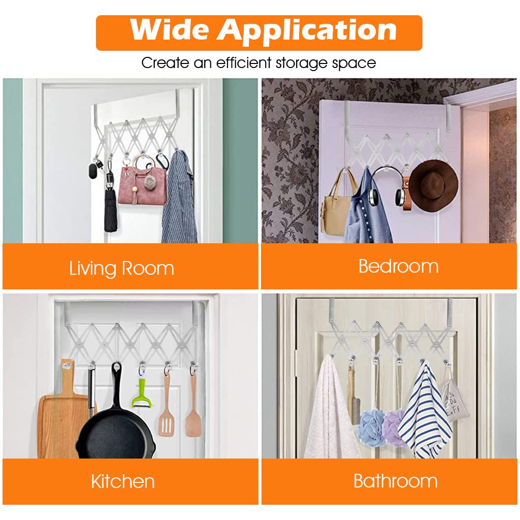 ZIBUYU Door Hook Hanger Stainless Steel Back Over Door Hanger for Clothes Rustproof Nail & Drill Free Multi-Purpose Hanger Door Hook with 6 Hooks Space Saving Foldable Door Hanger