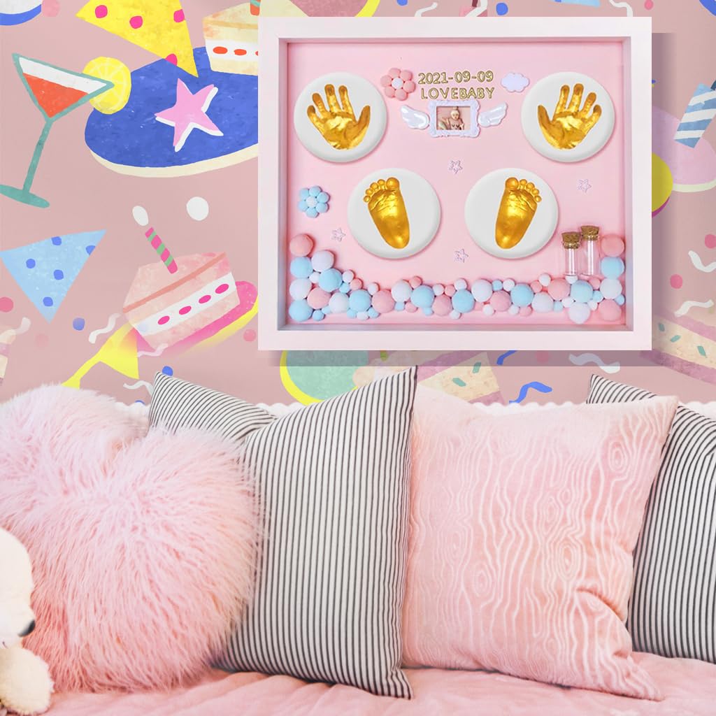 PATPAT Baby Clay Footprint & Hand Print Kit Golden Paints Baby Hand & Foot Clay Kit with Photo Frame & Accessories Newborn Handprint and Footprint Clay Kit, Baby Shower Gift for Girls (Pink)