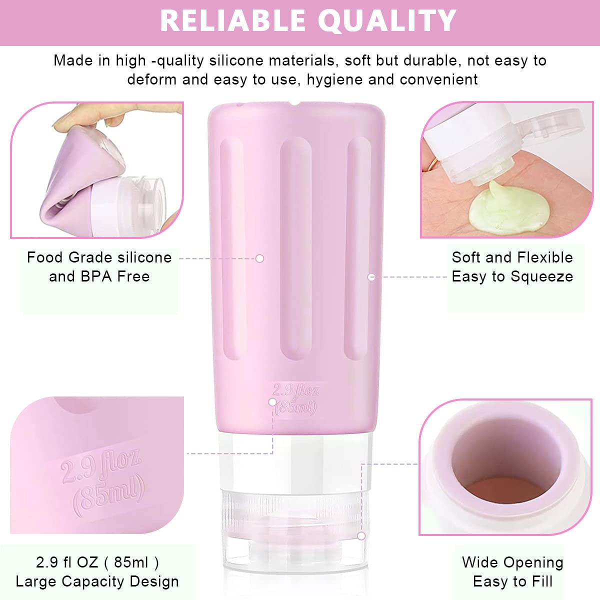 MAYCREATE Set of 14 Travel Bottles for Toiletries, Leak Proof Silicone Squeezable Container Spray Bottle for Shampoo, Gel, Cream Jars, Lotion Dispenser -with Applicator, Funnel, Clean Brush Set