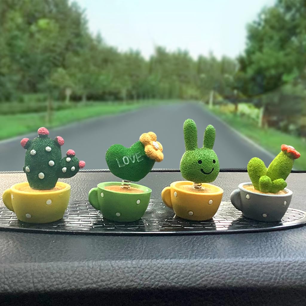HASTHIP 4Pcs Car Dashboard Toys Cute Cartoon Resin Car Dashboard Decoration Items Spring Swing Bunny, Heart, Cactus Plants Vibrant Car Accessories Interior Gadgets, Desk Decor, Ideal Gift