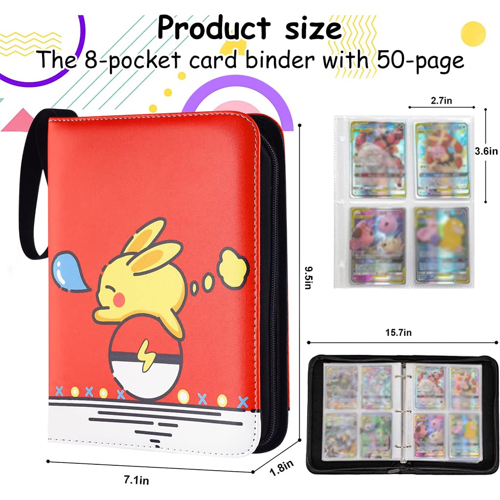 PATPAT Poke-mon Binder, Cards Collector Album Holder for 400 Poke-mon Cards Cartoon Prints Zipper Bag Trading Card Binder Poke-mon Cards Pack Collection Bag Game Cards Case Gift for Kids Boys Girls